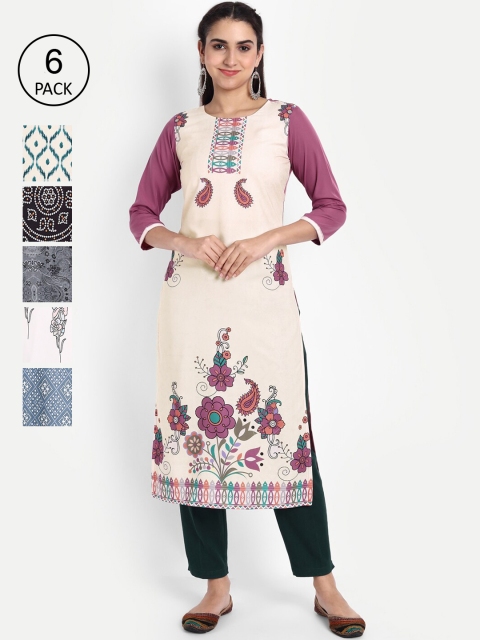 

KALINI Women Pack Of 6 Ethnic Motifs Printed Crepe Kurta, Blue