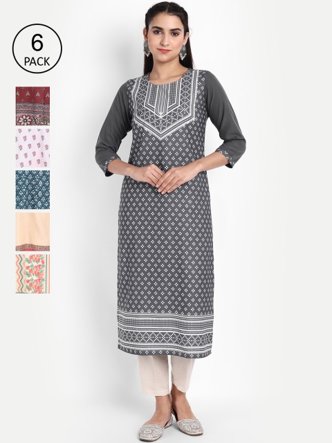 

KALINI Pack of 6 Women Printed Crepe Kurta, Multi