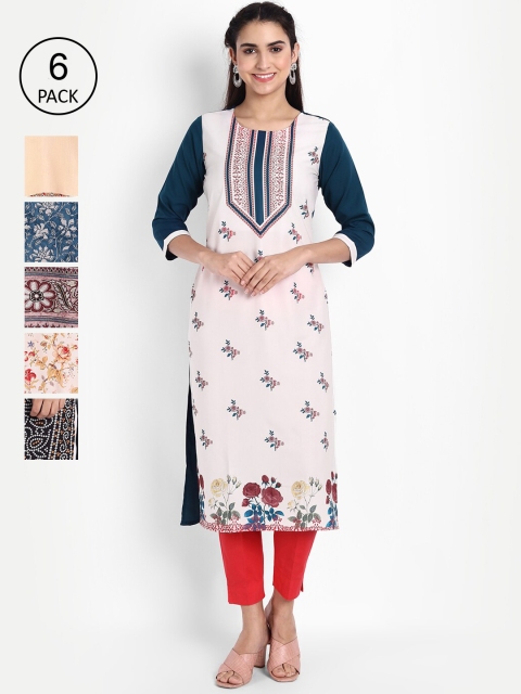 

KALINI Women Pack of 6 Printed Crepe Kurtas, Navy blue