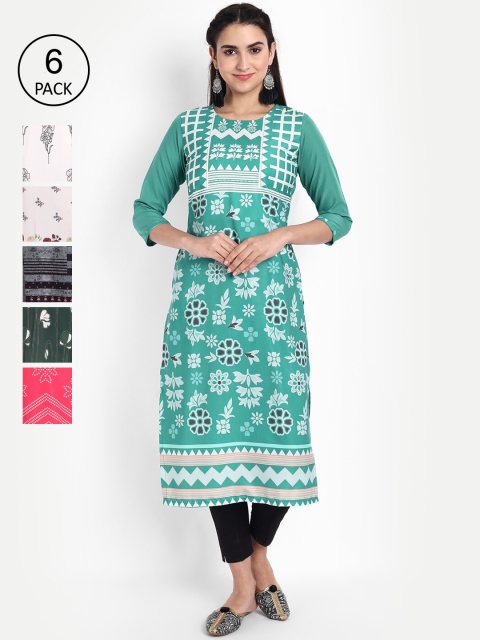 

KALINI Women Pack of 6 Printed Crepe Kurtas, Green