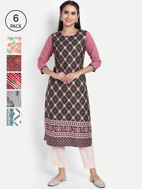 

KALINI Women Pack of 6 Printed Crepe Kurtas, Pink