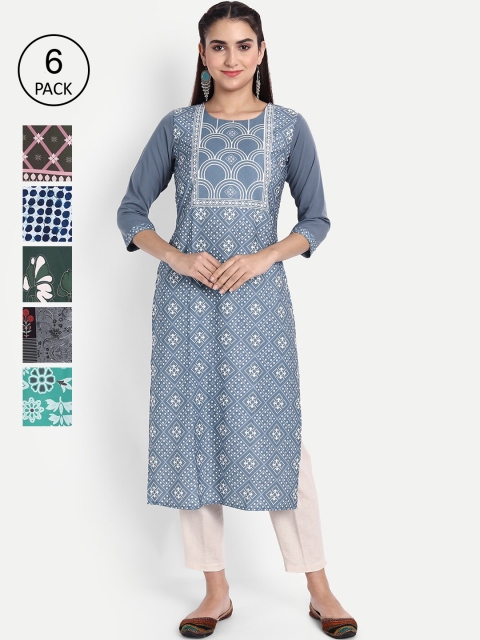 

KALINI Women Pack Of 6 Multicoloured Geometric Printed Crepe Kurta, Multi