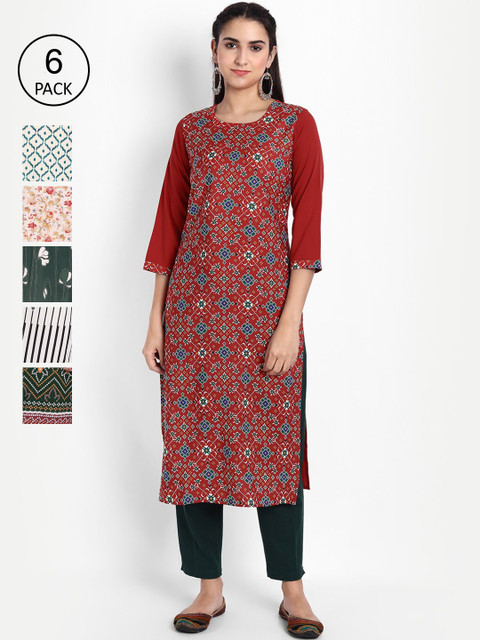

KALINI Pack of 6 Women Printed Crepe Kurta, Multi
