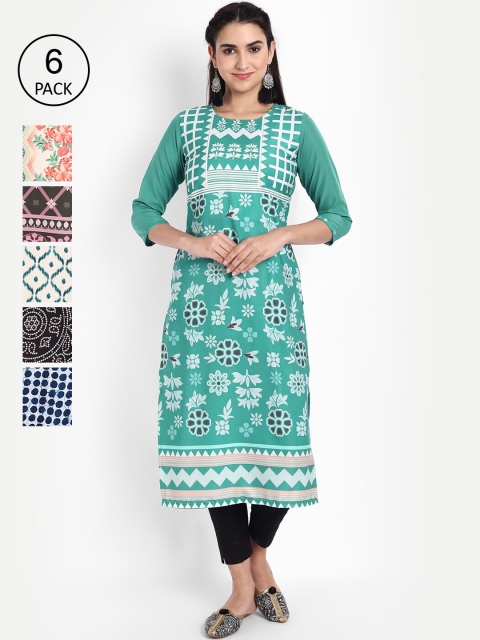 

KALINI Women Pack Of 6 Multicoloured Ethnic Motifs Printed Crepe Kurta, Multi