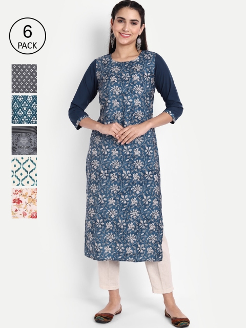 

KALINI Women Pack of 6 Printed Crepe Kurtas, Grey