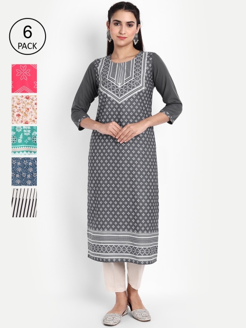 

KALINI Women Pack of 6 Printed Crepe Kurtas, Grey