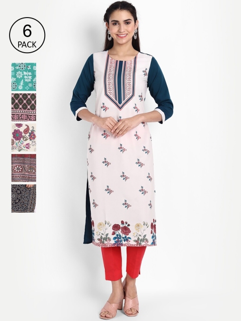 

KALINI Women Pack Of 6 Multicoloured Floral Printed Crepe Kurta, Multi