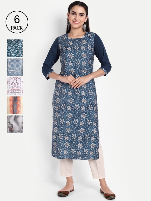 

KALINI Women Pack of 6 Ethnic Motifs Printed Crepe Kurta, Blue