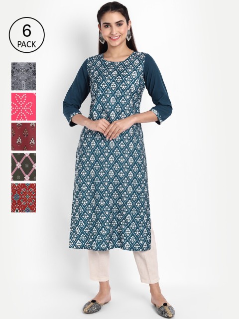 

KALINI Women Pack of 6 Ethnic Motifs Printed Crepe Kurta, Blue
