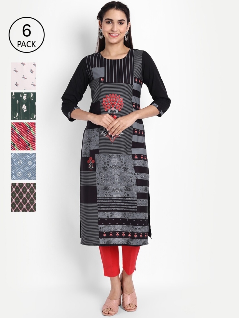 

KALINI Women Pack of 6 Multicoloured Printed Crepe Straight Kurta, Multi