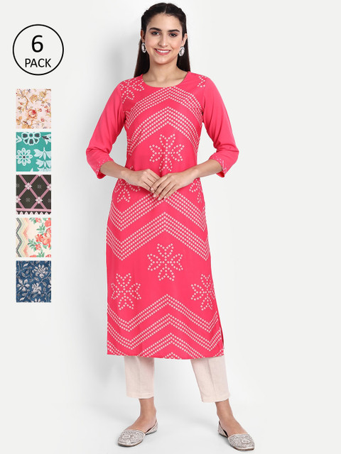 

KALINI Women Pack Of 6 Geometric Printed Crepe Kurta, Pink
