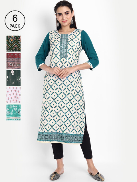 

KALINI Women Pack of 6 Printed Crepe Kurtas, Green
