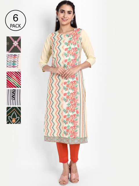 

KALINI Women Pack of 6 Printed Crepe Kurtas, Green