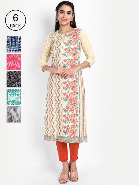 

KALINI Women Pack of 6 Ethnic Motifs Printed Flared Sleeves Crepe Kurta, Yellow
