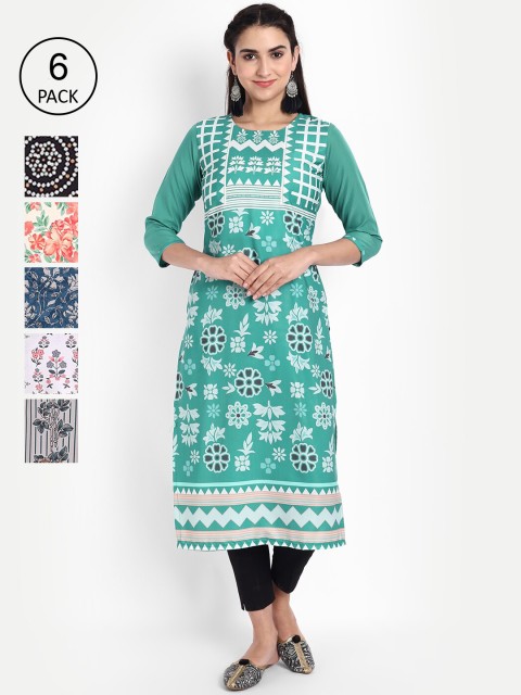 

KALINI Women Pack of 6 Printed Crepe Kurtas, Green