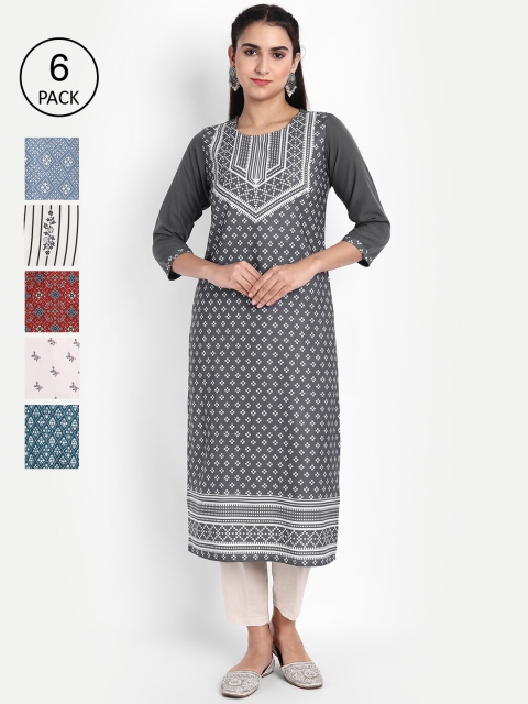 

KALINI Women Pack of 6 Ethnic Motifs Printed Crepe Kurta, Black