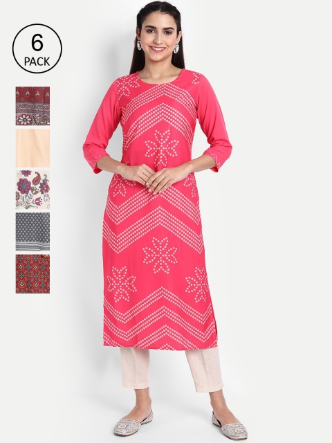 

KALINI Women Pack of 6 Ethnic Motifs Printed Crepe Kurta, Pink