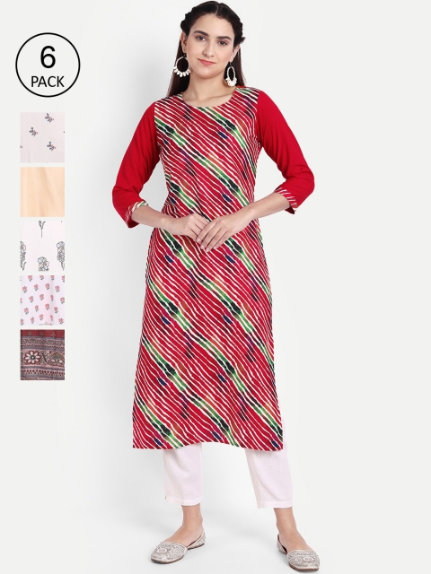

KALINI Women Pack of 6 Printed Crepe Kurtas, Red