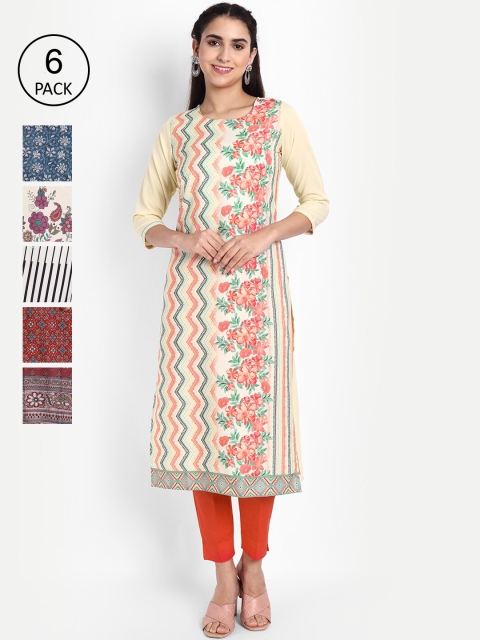 

KALINI Women Pack Of 6 Multicoloured Floral Printed Crepe Kurta, Multi