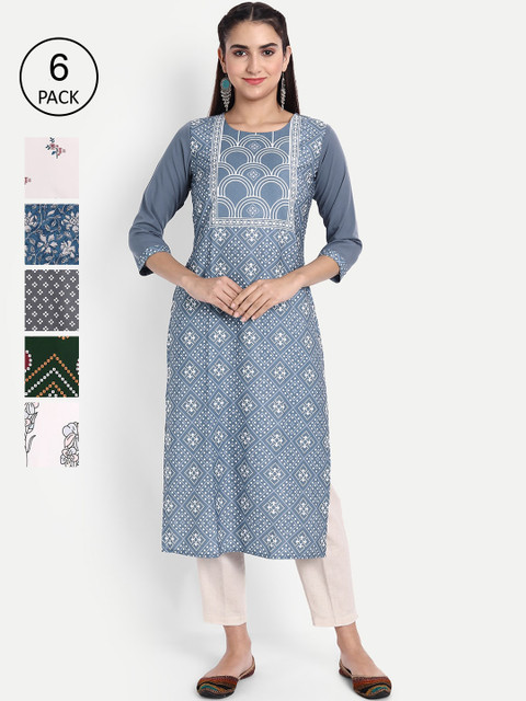 

KALINI Women Pack of 6 Ethnic Motifs Printed Crepe Kurta, Blue