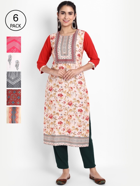 

KALINI Women Pack Of 6 Multicoloured Floral Printed Crepe Kurta, Multi