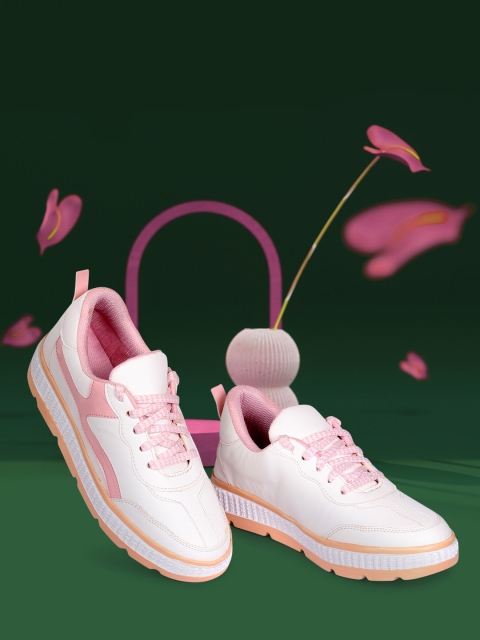 

Longwalk Women White & Pink Colourblocked PU Sneakers