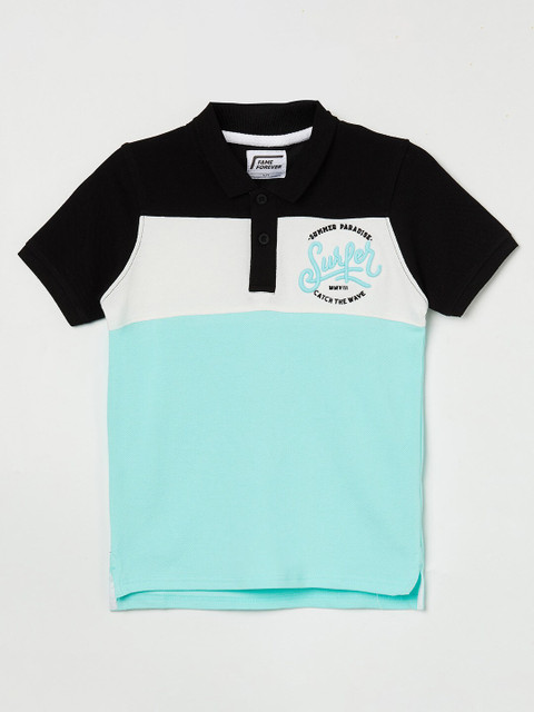 

Fame Forever by Lifestyle Boys Blue & Black Colourblocked Polo Collar Pure Cotton T-shirt