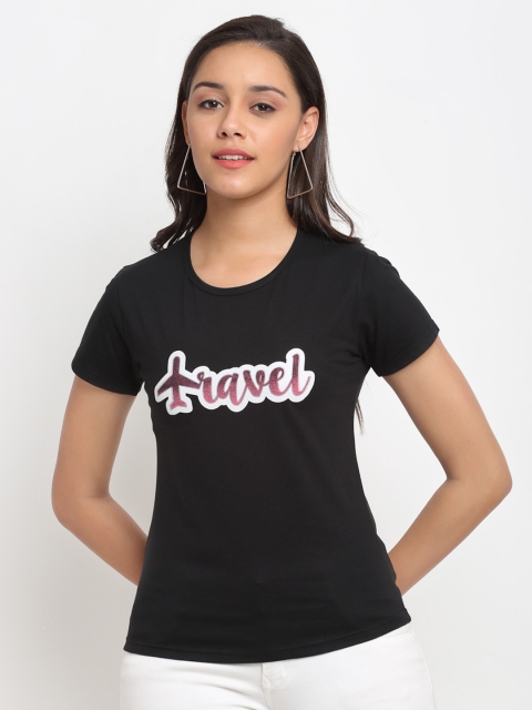 

ANTI CULTURE Women Black Typography Printed Applique T-shirt