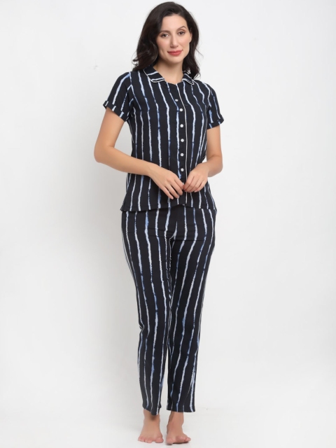 

ANTI CULTURE Women Navy Blue & White Striped Night suit