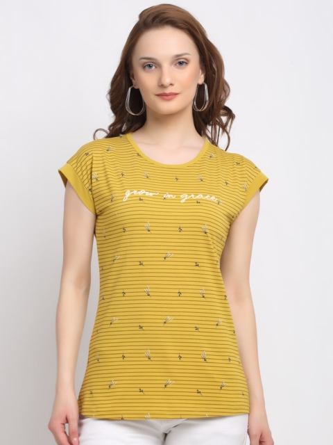 

ANTI CULTURE Women Mustard Yellow Printed Extended Sleeves T-shirt