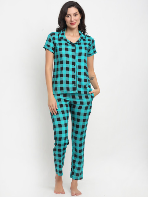

ANTI CULTURE Women Turquoise Blue & Black Checked Night suit