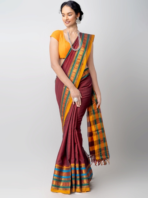 

Unnati Silks Maroon & Mustard Woven Design Zari Pure Cotton Narayan Peth Saree