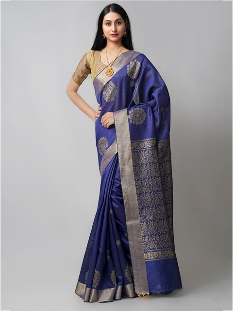 

Unnati Silks Navy Blue & Gold-Toned Ethnic Motifs Zari Linen Blend Jamdani Saree