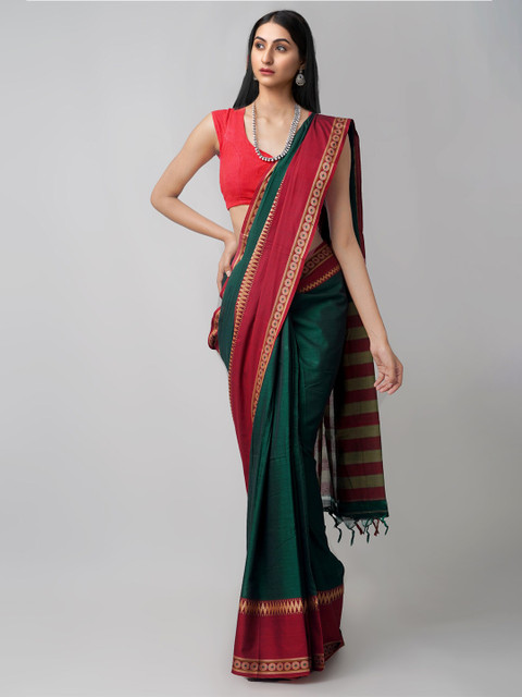 

Unnati Silks Green & Red Woven Design Pure Cotton Chettinad Saree