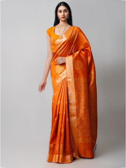 

Unnati Silks Orange & Gold-Toned Ethnic Motifs Zari Bengal Linen Jamdani Saree