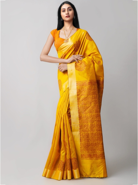 

Unnati Silks Yellow & Gold-Toned Floral Zari Bengal Linen Jamdani Saree