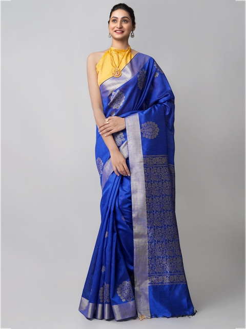 

Unnati Silks Blue & Gold-Toned Ethnic Motifs Zari Bengal Linen Blend Jamdani Saree