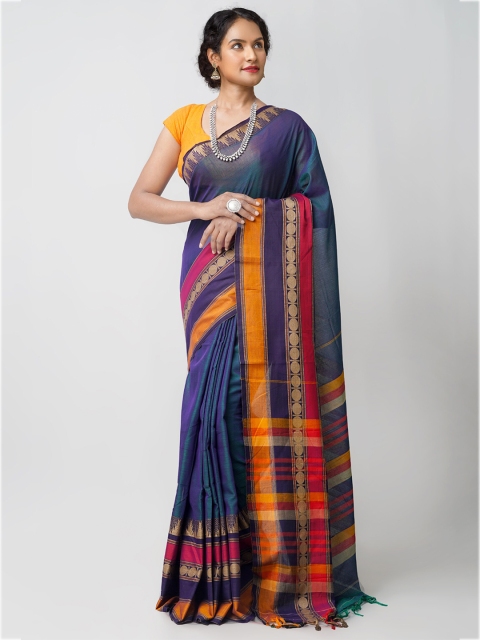 

Unnati Silks Blue & Mustard Pure Cotton Kanjeevaram Saree