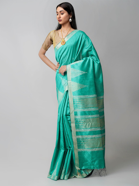 

Unnati Silks Green & Gold-Toned Ethnic Motifs Zari Linen Blend Jamdani Saree
