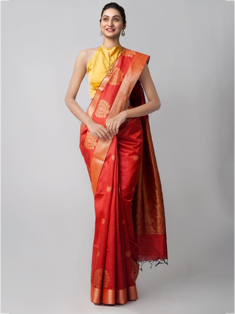 

Unnati Silks Red & Gold-Toned Ethnic Motifs Bengal Linen Blend Jamdani Saree