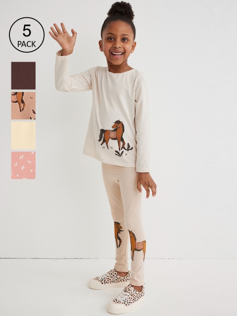 

H&M Girls 5-pack Cotton Leggings, Beige