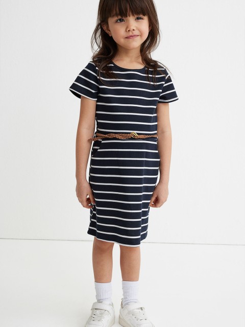 

H&M Girls Navy Blue & White Striped Belted Dress