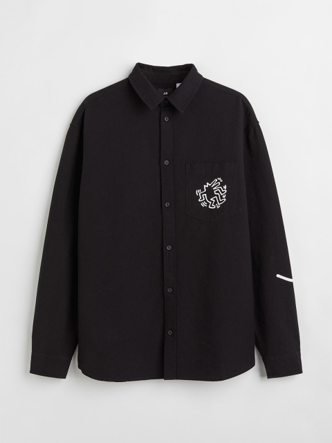 

H&M Men Black Relaxed Fit Printed overshirt