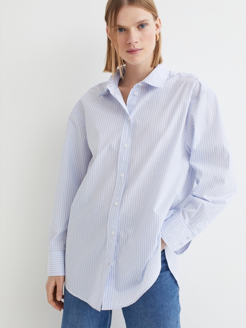 

H&M Women Blue Striped Poplin Shirt