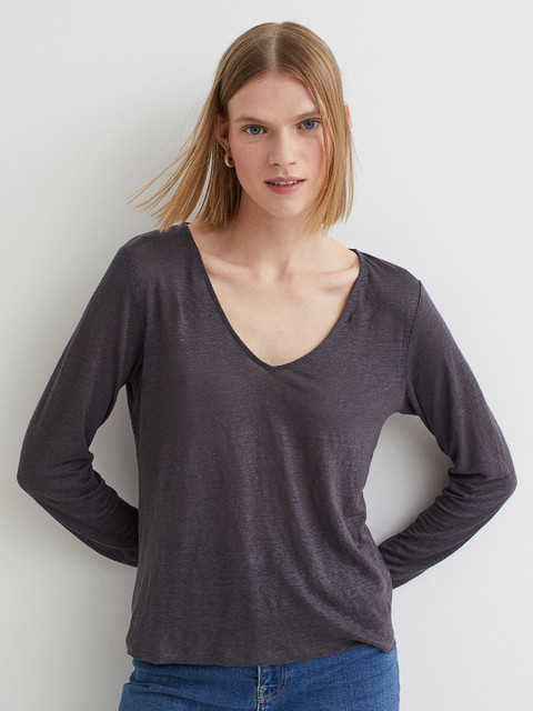 

H&M Women Grey Long-sleeved Linen Jersey Top