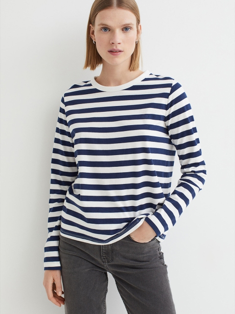 

H&M Women White & Navy Blue Striped Pure Cotton Jersey Top