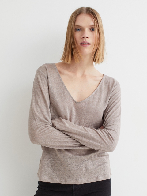 

H&M Women Beige Long-sleeved Linen Jersey Top