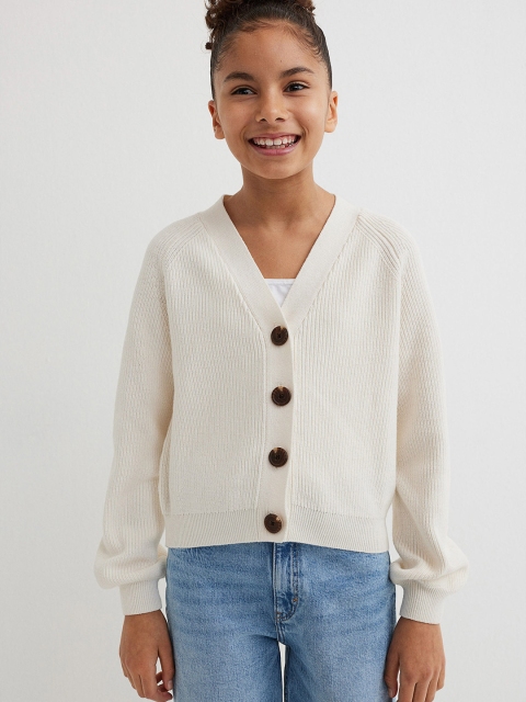 

H&M Girls White Ribbed Knitted Cotton Cardigan