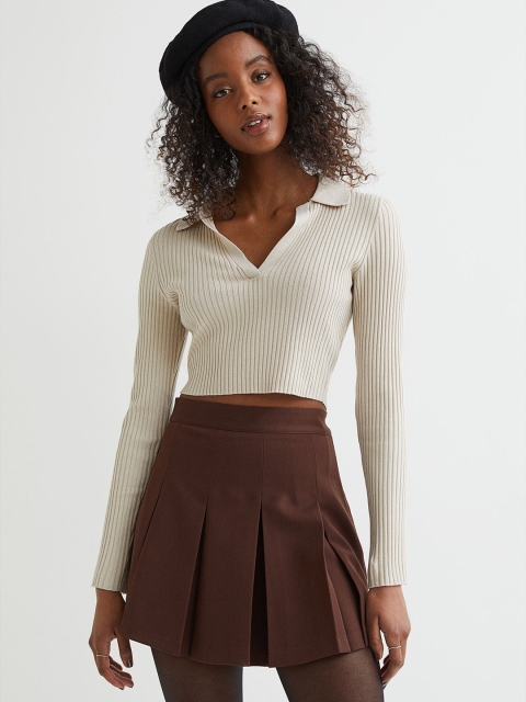 

H&M Beige Collared Ribbed Top