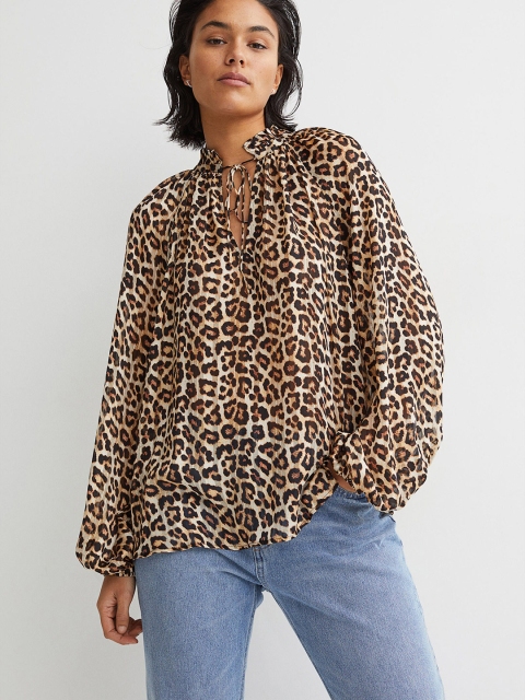 

H&M Women Beige & Black Animal Printed Tie-Detail Blouse